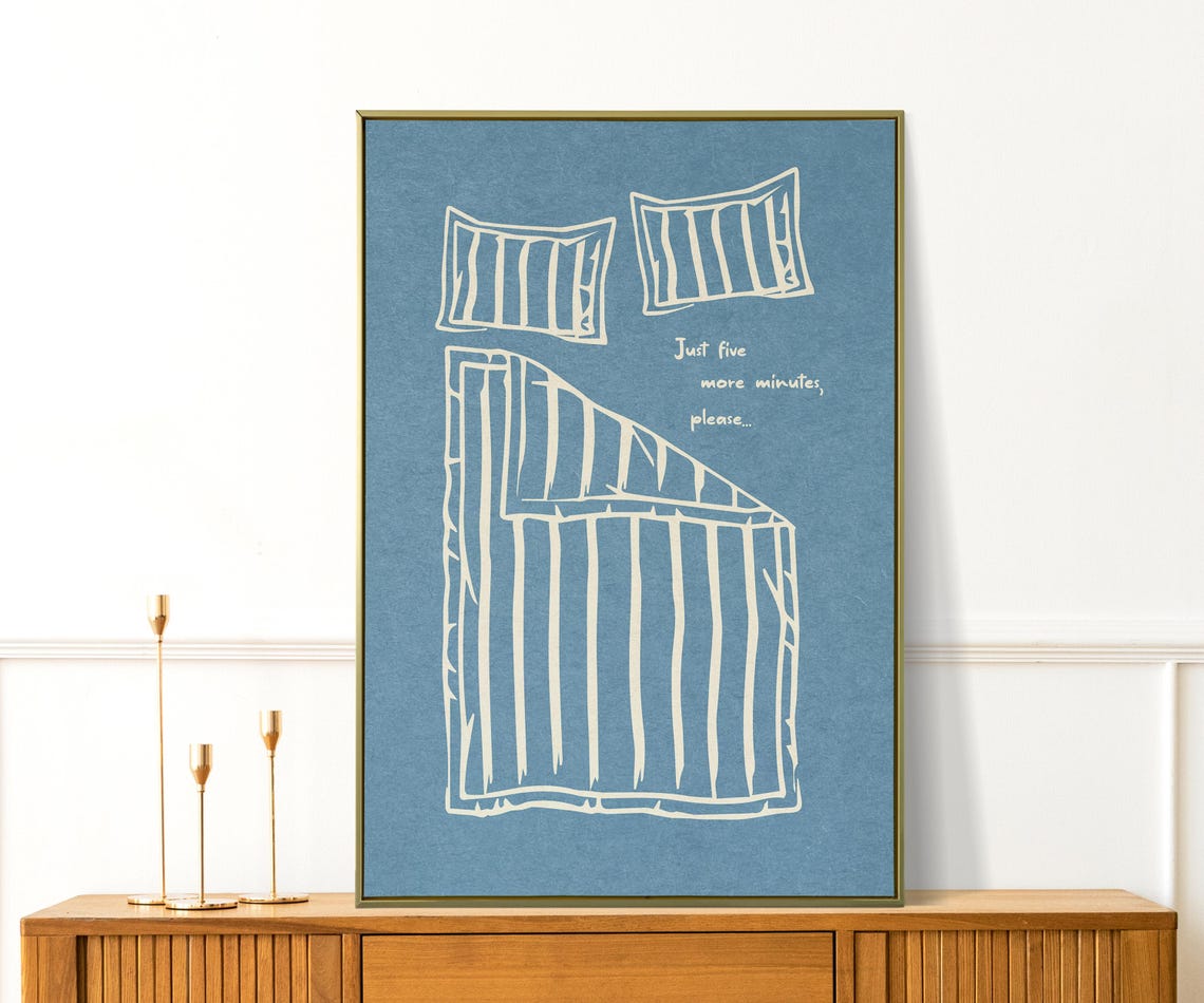 Just Five More Minutes Cozy Bed Blue Line Art Funny Bedroom Poster - Image 3
