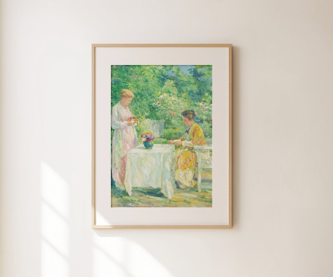Impressionist Garden Women Picking Flowers Sunny Vintage Art Poster - Image 3