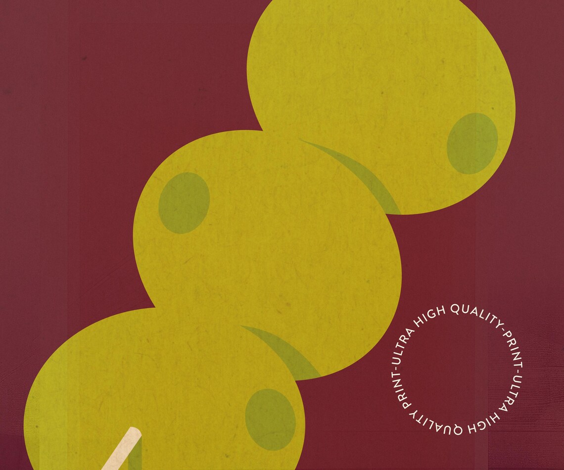 Green Olives Cocktail Skewer Minimalist Burgundy Retro Kitchen Decor Poster - Image 5