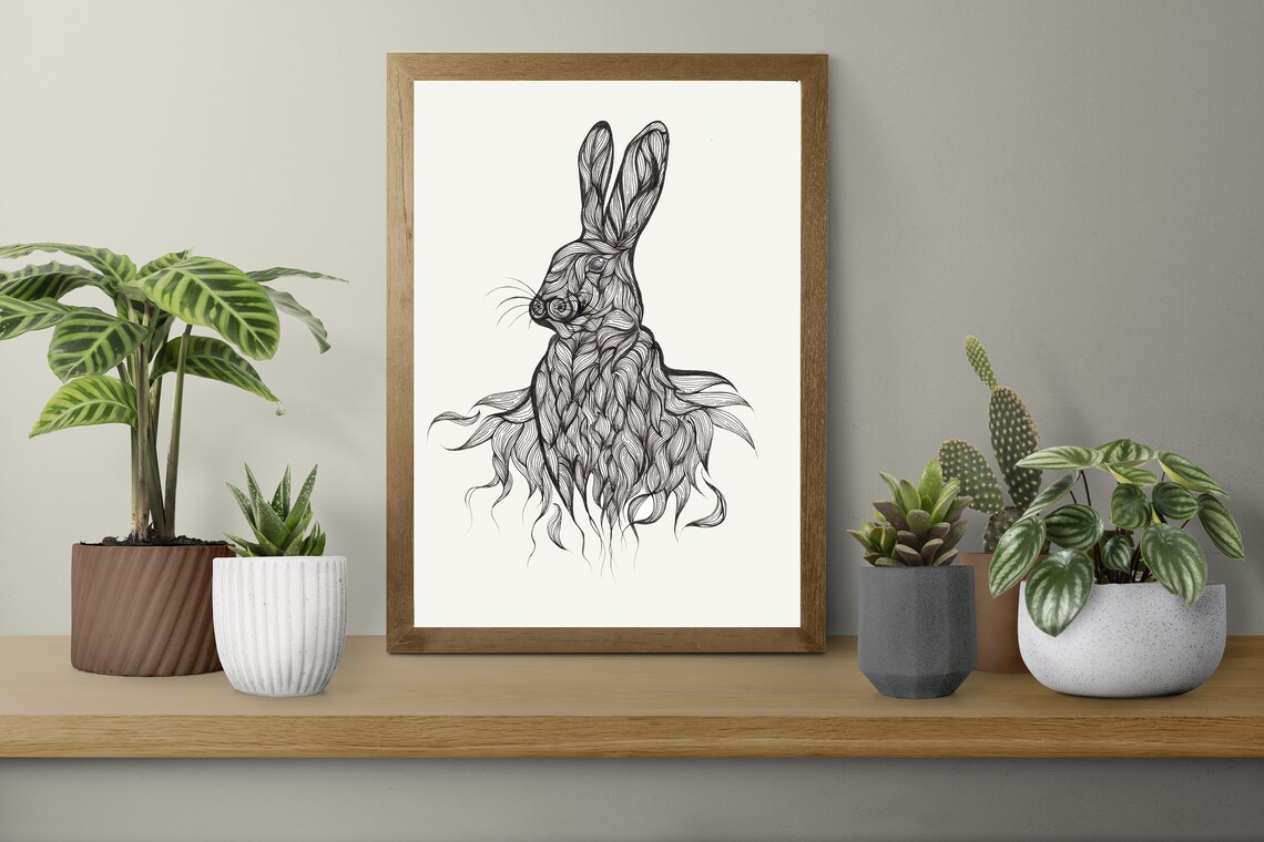 Bunny Rabbit Surreal Line Art Black And White Intricate Home Wall Decor