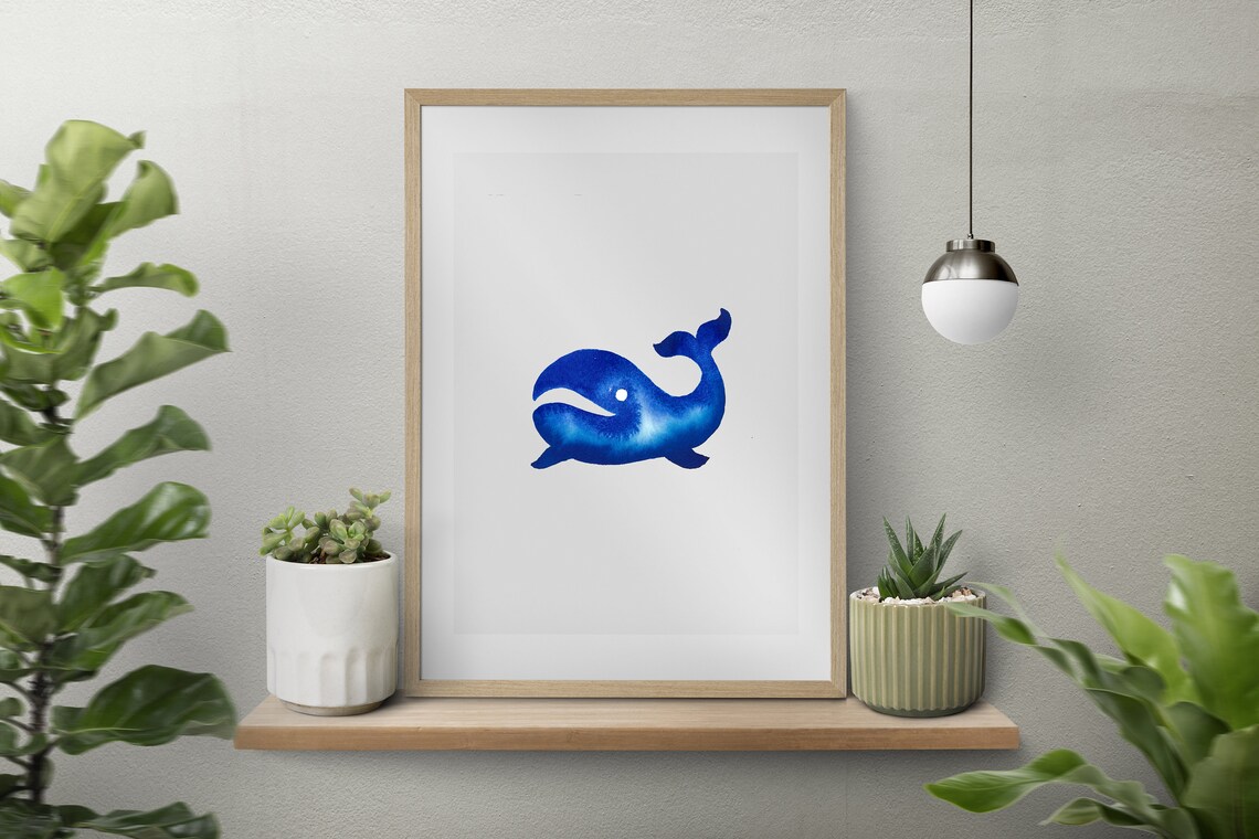 Blue Little Whale Watercolor Art Minimalist Home Wall Decor