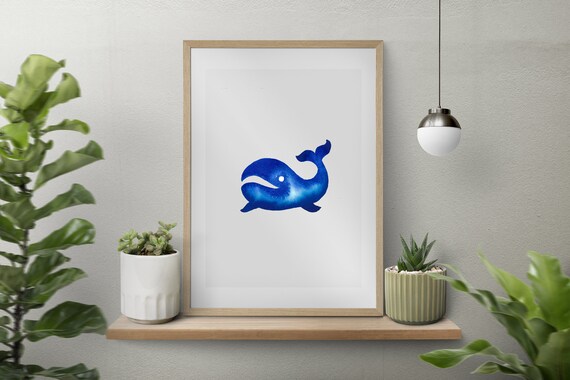 Blue Little Whale Watercolor Art Minimalist Home Wall Decor