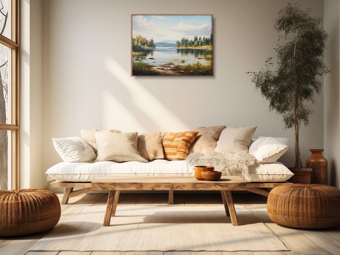 Calm Summer Lake Pine Forest Shores Distant Mountains Oil Painting Wall Art - Image 2