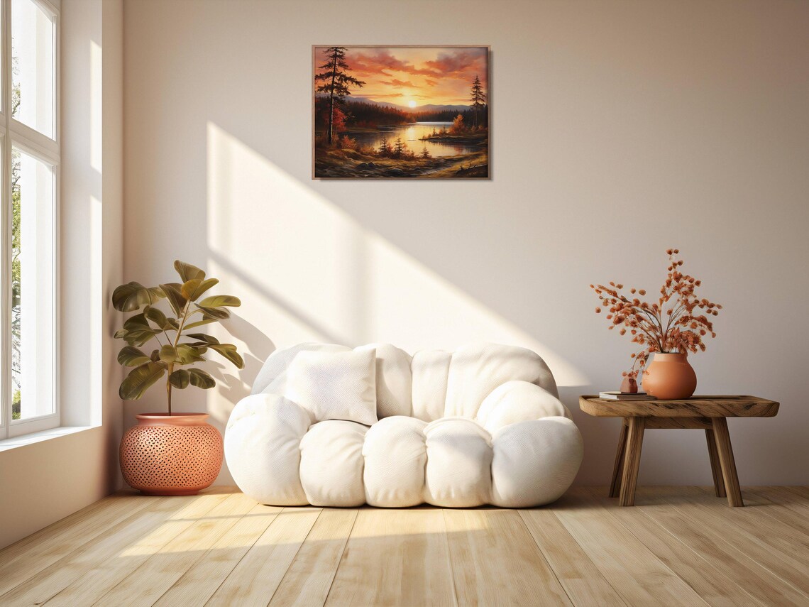 Fiery Autumn Sunset Over Lake Silhouetted Pines Oil Painting Rustic Wall Art - Image 2