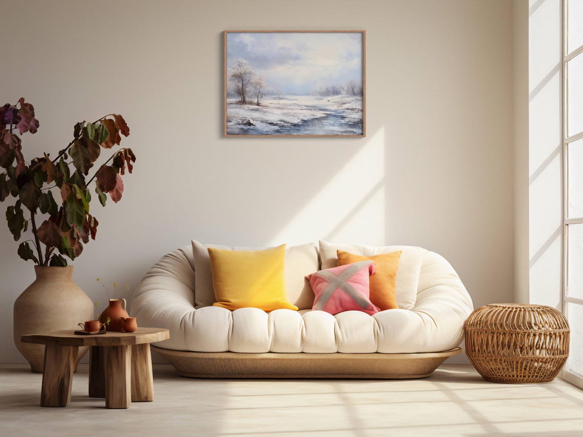 Snowy Field with Frozen Stream Bare Trees Soft Winter Poster - Image 2