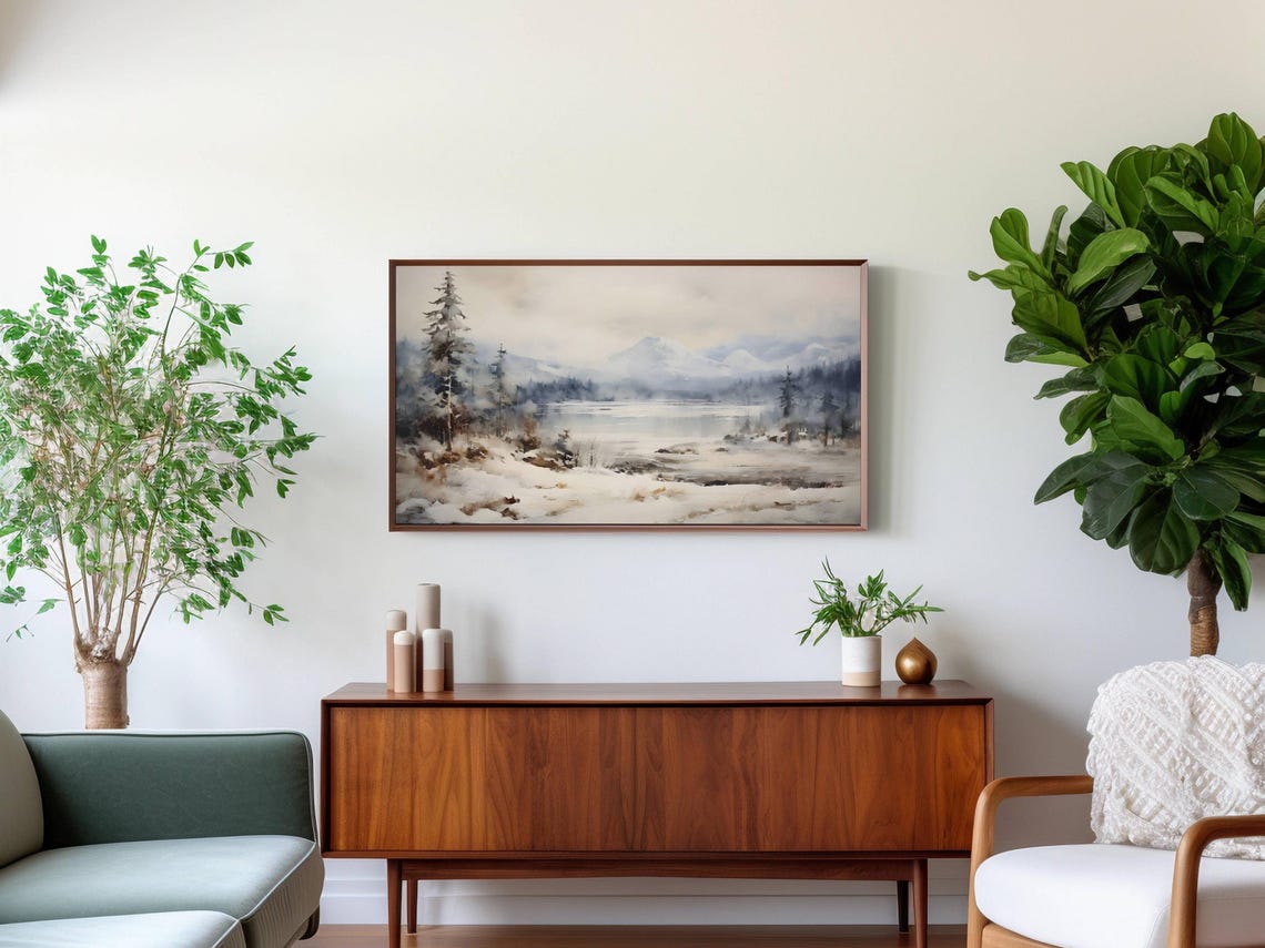 Serene Frozen Mountain Lake in a Snowy Winter Landscape Wall Art - Image 2