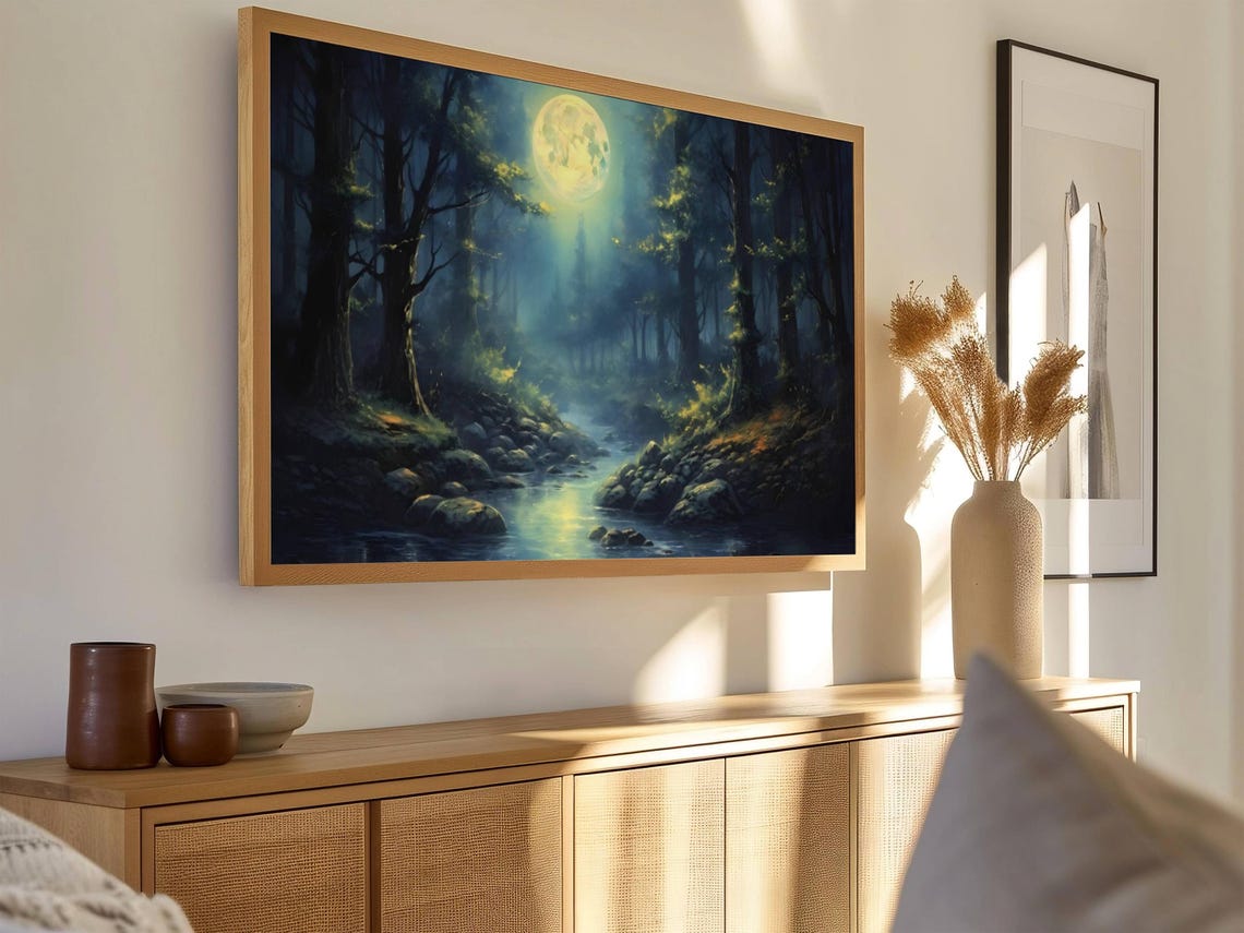 Full Moon Over Night Forest Stream Moonlight Landscape Poster - Image 2