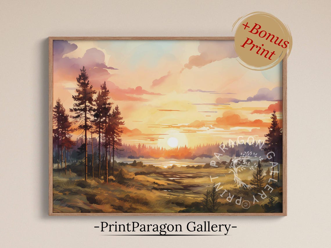 Watercolor Sunrise Over Misty Field Tall Pines Soft Nature Wall Art