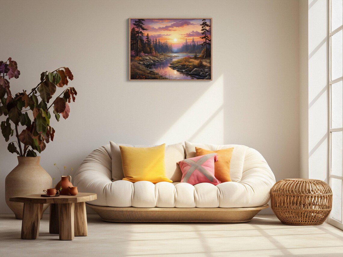 Sunset Over Winding River Pine Forest Purple Sky Oil Painting Nature Wall Art - Image 2