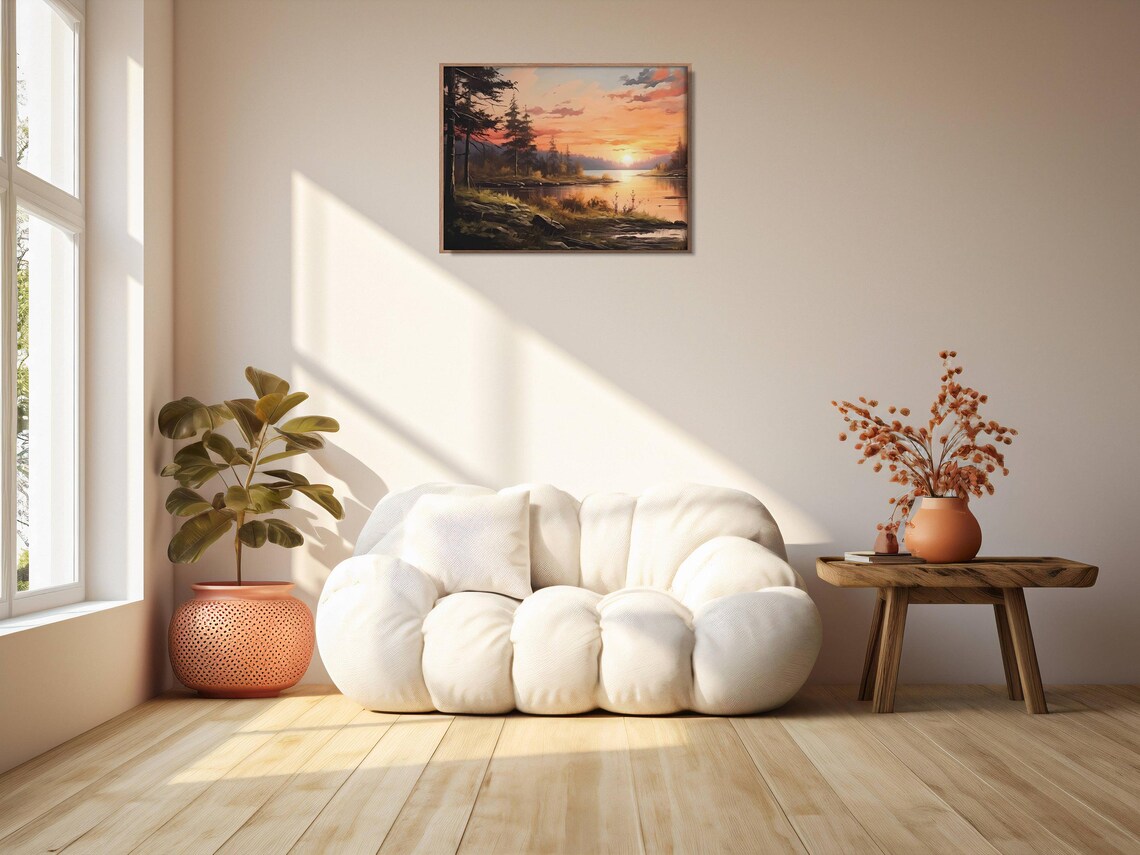 Sunset Over Rocky Lakeshore Silhouetted Pines Oil Painting Warm Wall Art - Image 2