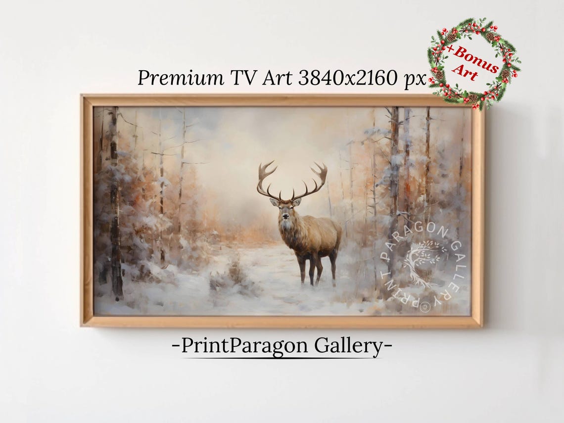 Majestic Stag With Grand Antlers in a Snowy Forest Winter Wall Art