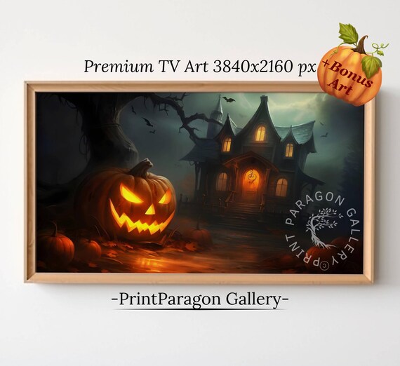 Glowing Jack O Lantern Haunted House Halloween Night Frame TV Poster