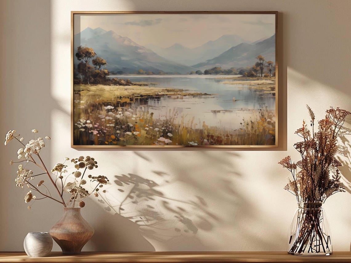 Spring Mountain Lake Painting Misty Peaks Wildflower Meadow Art Poster - Image 2