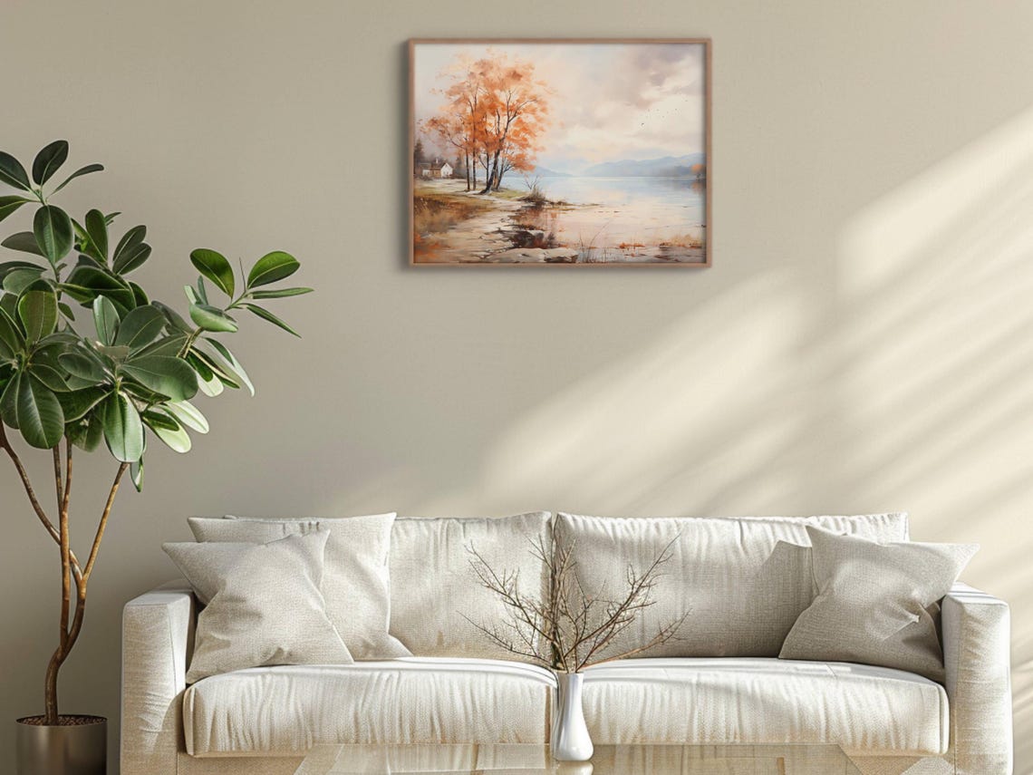 Autumn Lakeside Cabin Orange Trees Watercolor Fall Landscape Poster - Image 2