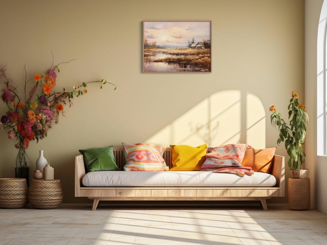 Golden Sunrise Over Country House Marsh Oil Painting Rustic Wall Art - Image 2