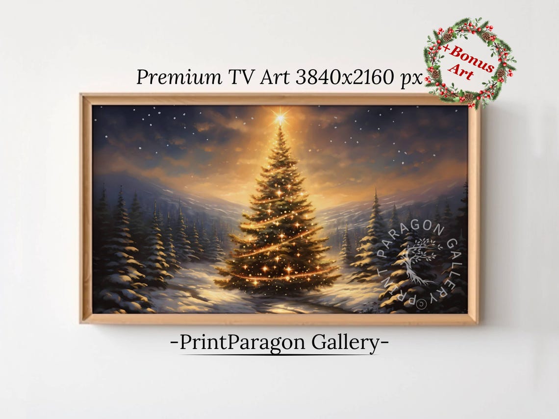 Christmas Tree Glowing at Sunset in a Snowy Mountain Forest Poster
