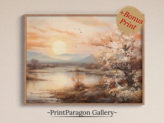 Lake Sunset With Blooming Tree Tranquil Spring Landscape Poster
