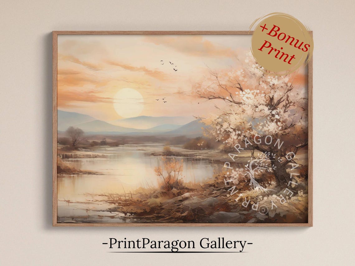 Lake Sunset With Blooming Tree Tranquil Spring Landscape Poster