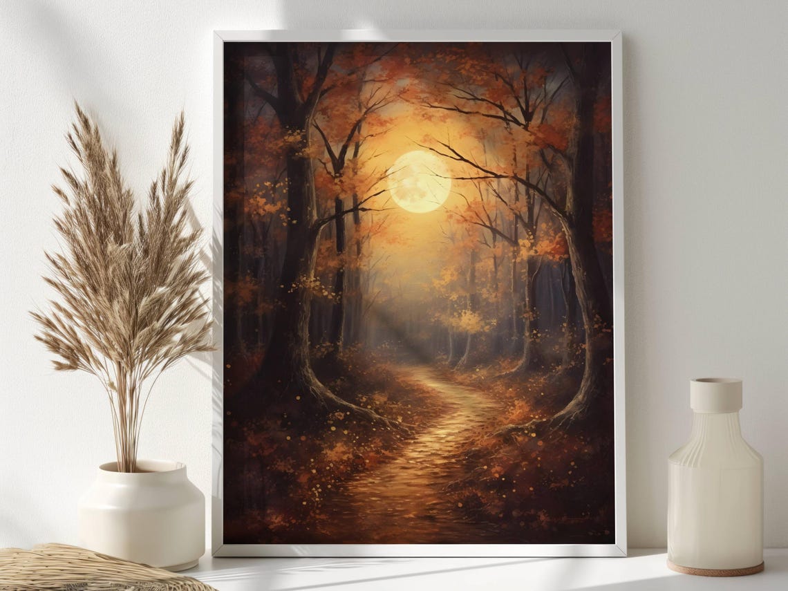 Moonlit Autumn Forest Path Fall Night Woodland Landscape Wall Art - Image 2