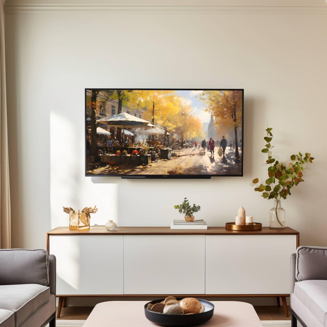 Autumn City Cafe Boulevard Golden Leaves Impressionist Frame TV Poster - Image 2