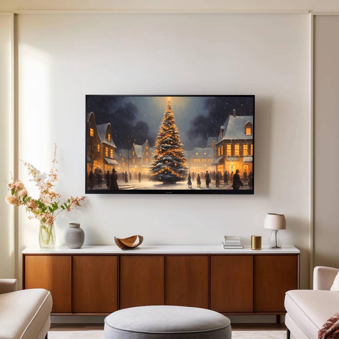 Christmas Tree Glowing in a Snowy Village Square Night Scene Poster - Image 2