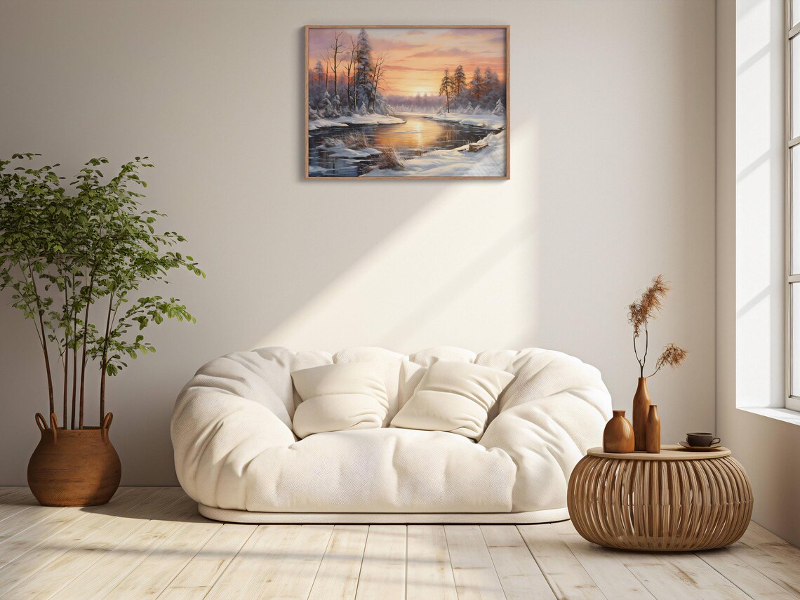 Snowy Winter River Sunset Painting Snow Covered Pines Golden Glow Poster - Image 2