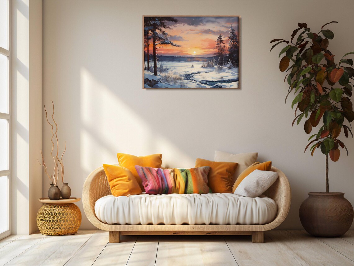 Winter Sunset Over Snowy Field Pine Forest Oil Painting Nature Wall Art - Image 2