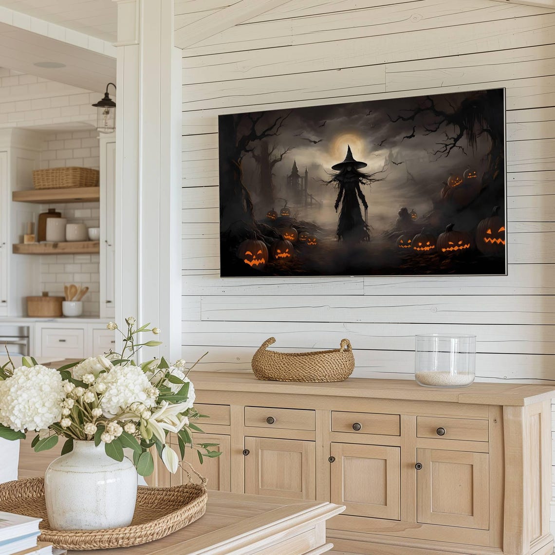 Dark Witch in Foggy Halloween Forest Jack O Lantern Moon Poster - Image 2
