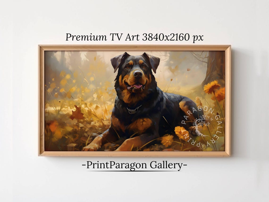 Rottweiler Lying Autumn Flowers Portrait Black Tan Dog Meadow Poster