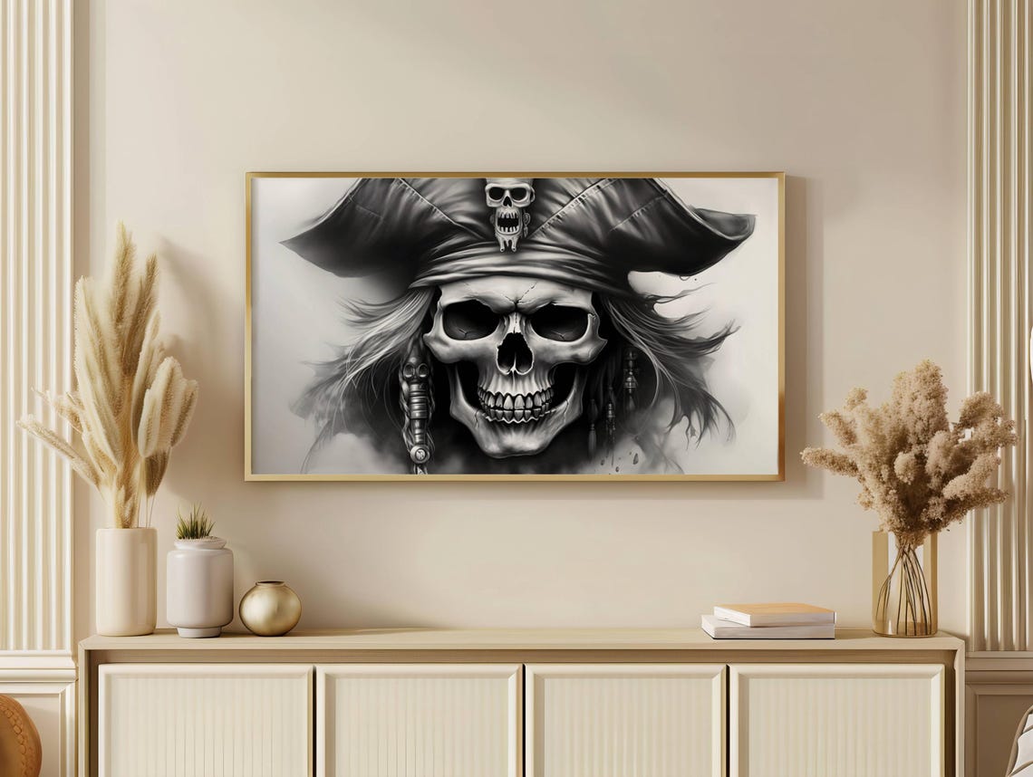 Pirate Skull Tricorn Hat Black White Gothic Skull Frame TV Poster - Image 2
