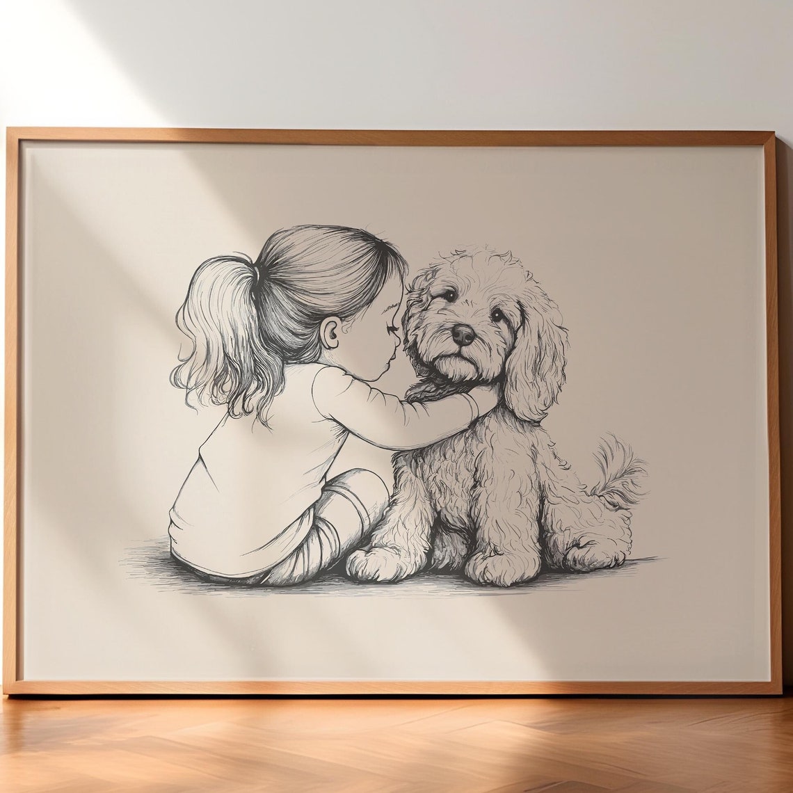 Girl And A Goldendoodle Poster Nursery Decor Dog Vintage Print Antique Painting Farmhouse Painting Country Wall Art Dog Retro Drawing