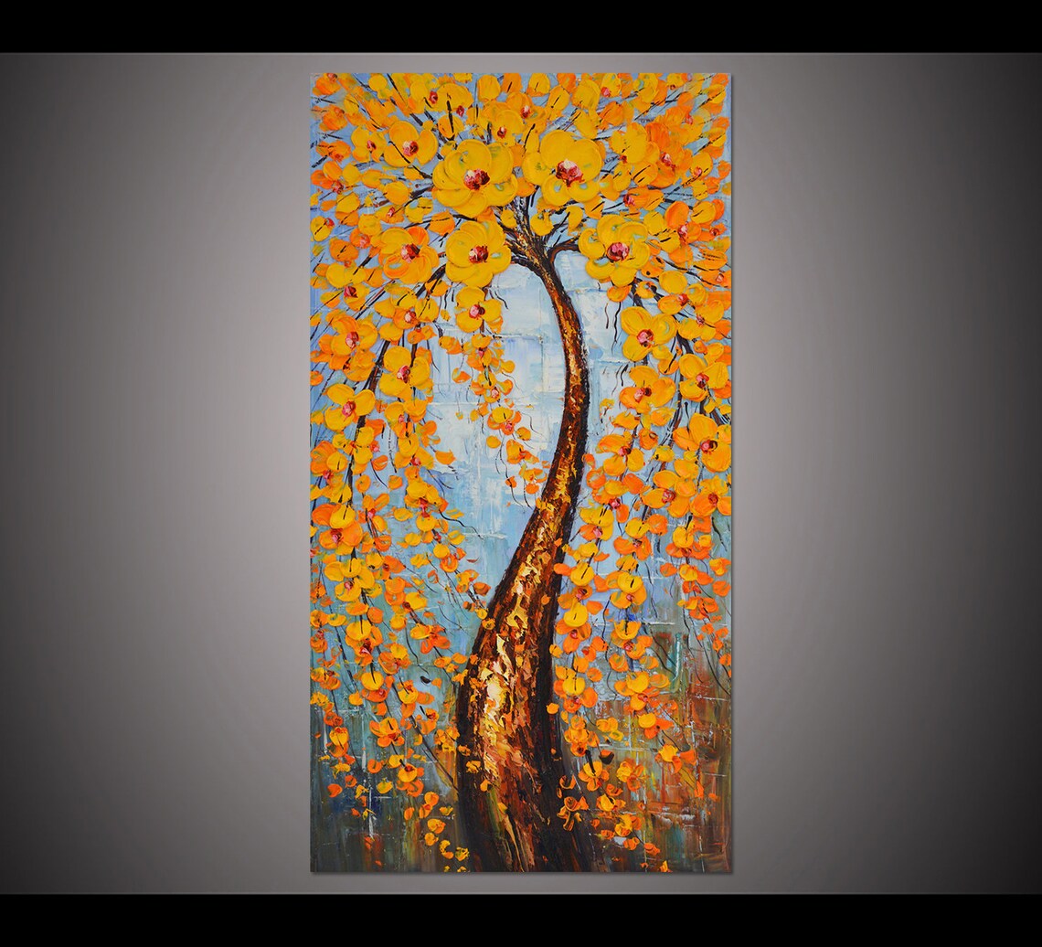 Blooming Orange Flowering Tree Against Blue Sky Oil Art Poster