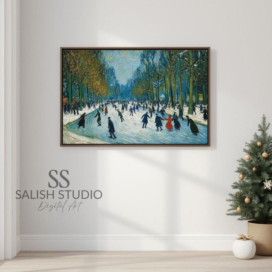 Winter Ice Skating Park Snowy Trees Vintage Impressionist Poster