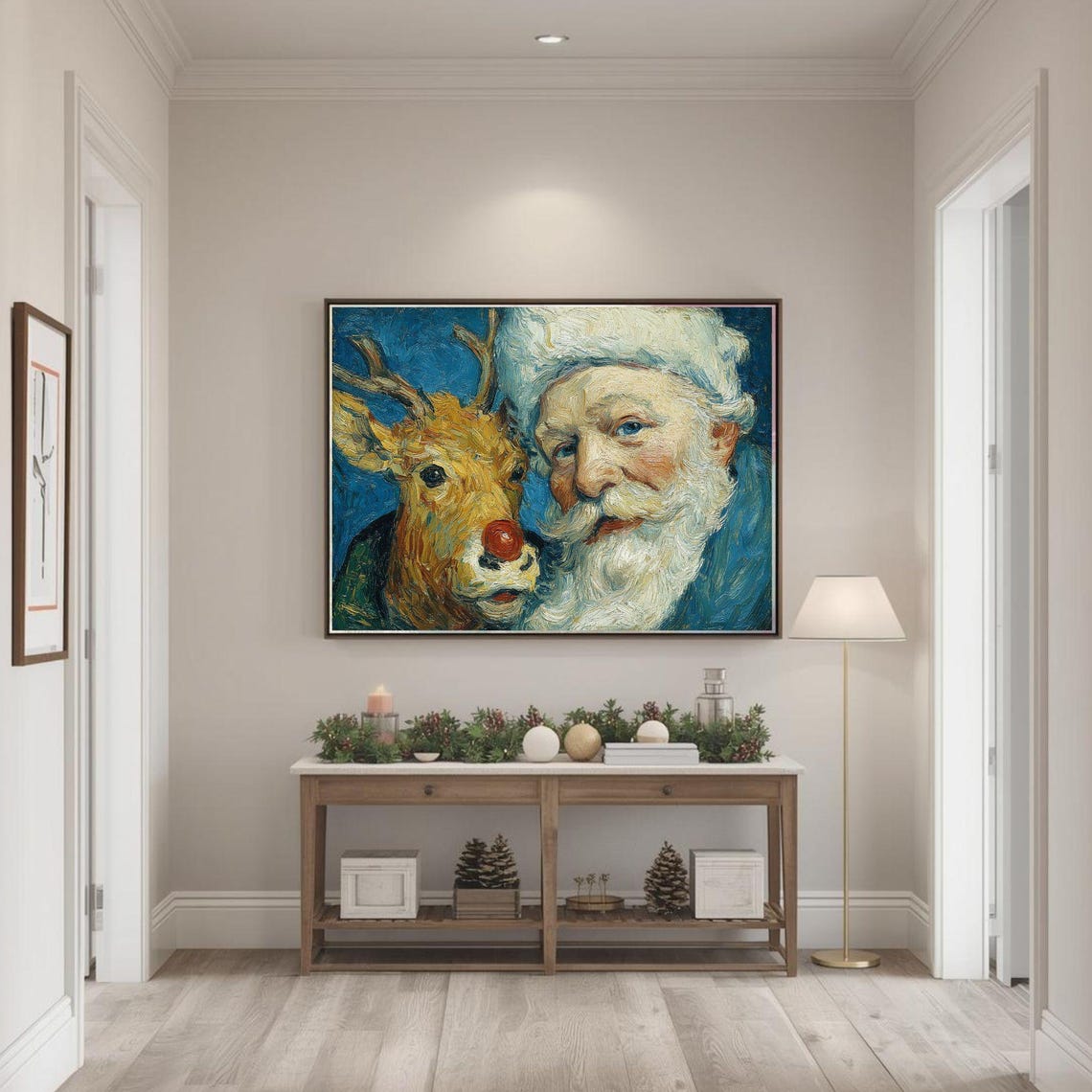 Santa and Rudolph Cozy Festive Christmas Duo Painting Poster