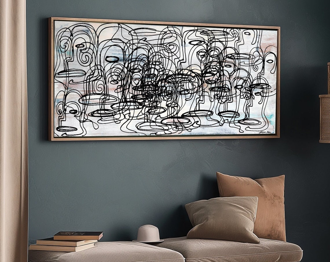 Black Line Face Scribble Crowd Wide Abstract Artwork Decor Poster