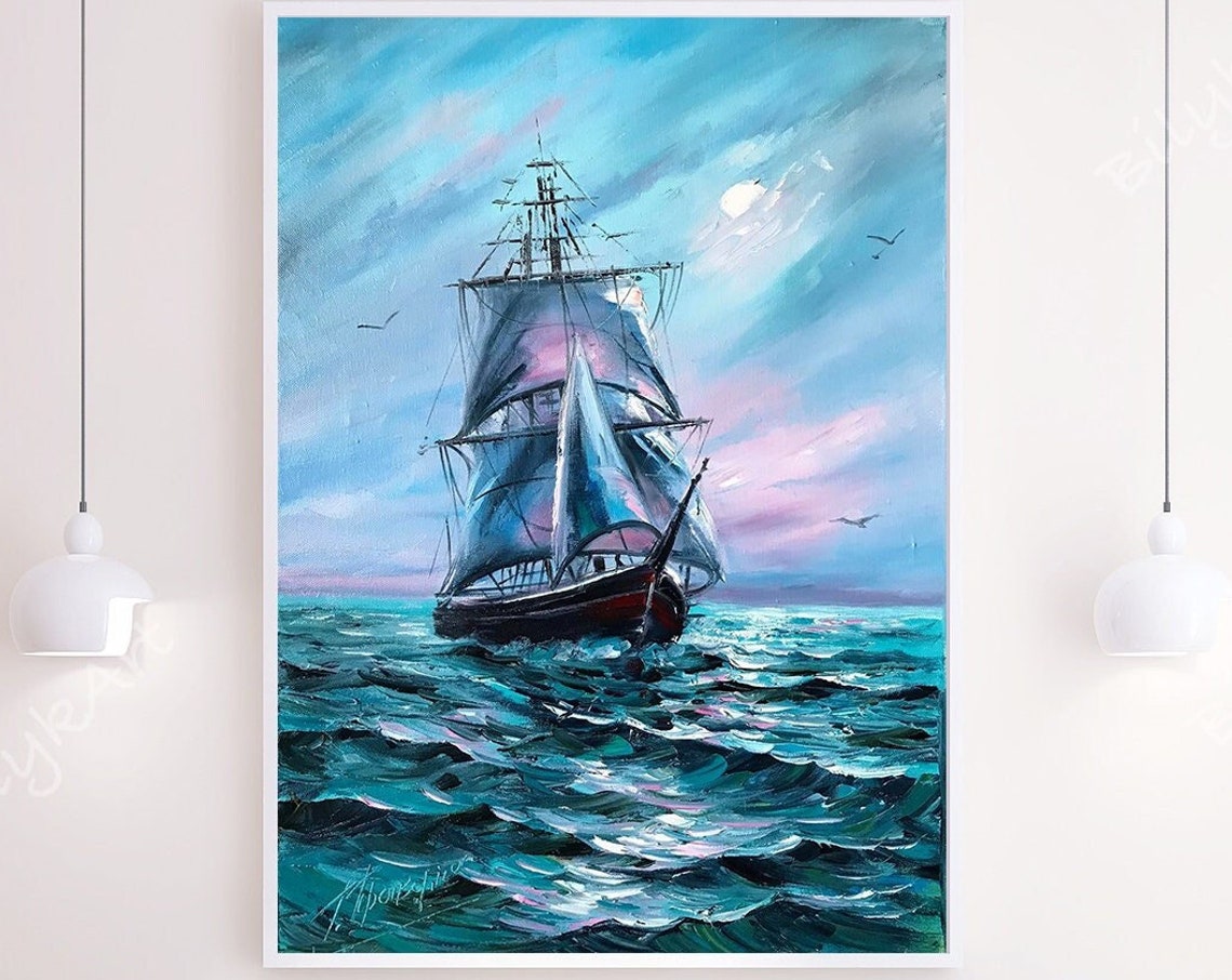 Large Sailing Ship Oil Painting Original Navy Blue Ocean Waves Painting Nautical Art Seascape Oil Painting Sailing Yacht Wall Art - Image 2