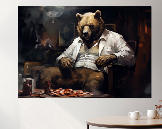Bear Playing Poker Casino Table Chips Funny Grizzly Night Wall Art Poster