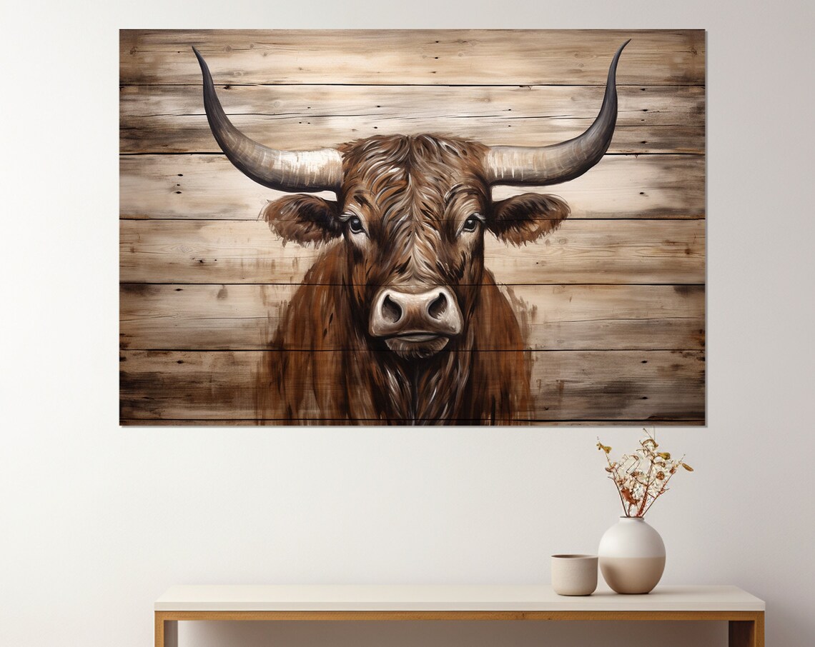 Rustic Longhorn Cow Triptych Wood Plank Western Farmhouse Art Poster - Image 4