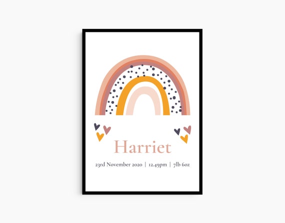 Custom Girl New Born Wall Art Personalised Gift Girls Rainbow Print Girls Nursery Print Minimalist Nursery