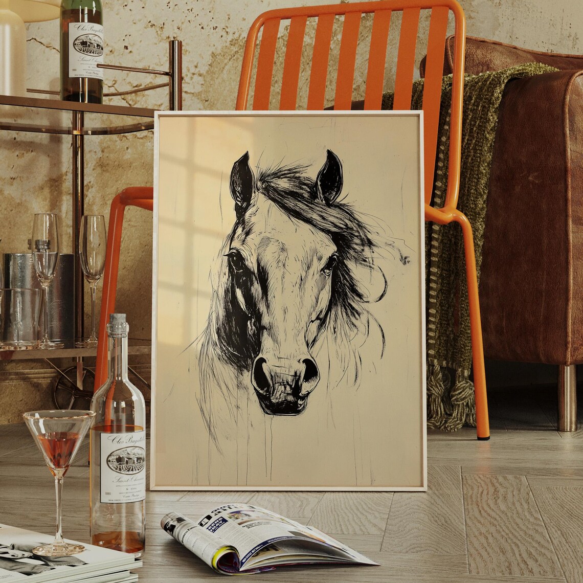 Expressive Front Facing Horse Ink Sketch Equine Painting Poster