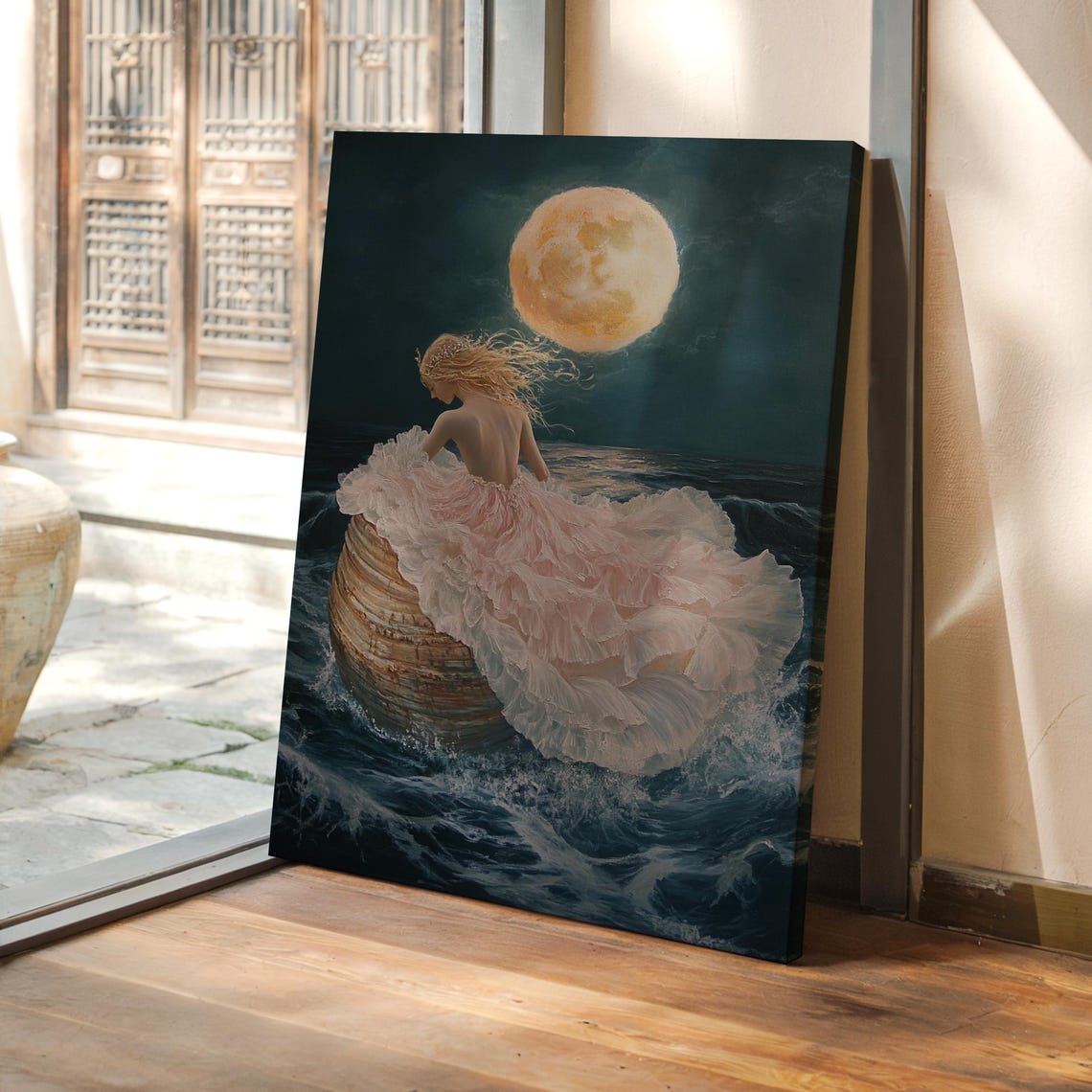 Moonlit Ocean Goddess Canvas Wall Art Ethereal Woman In Pink Dress On Sea Surreal Fantasy Coastal Painting Feminine Lunar Decor Print