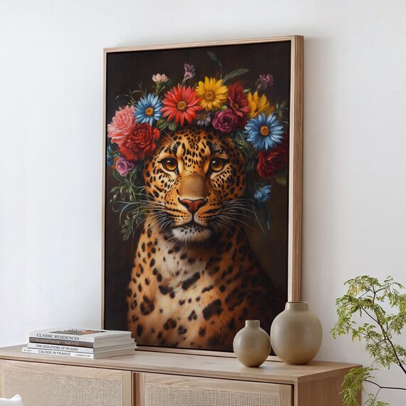 Leopard Portrait Wearing Vibrant Flower Crown Dark Floral Poster