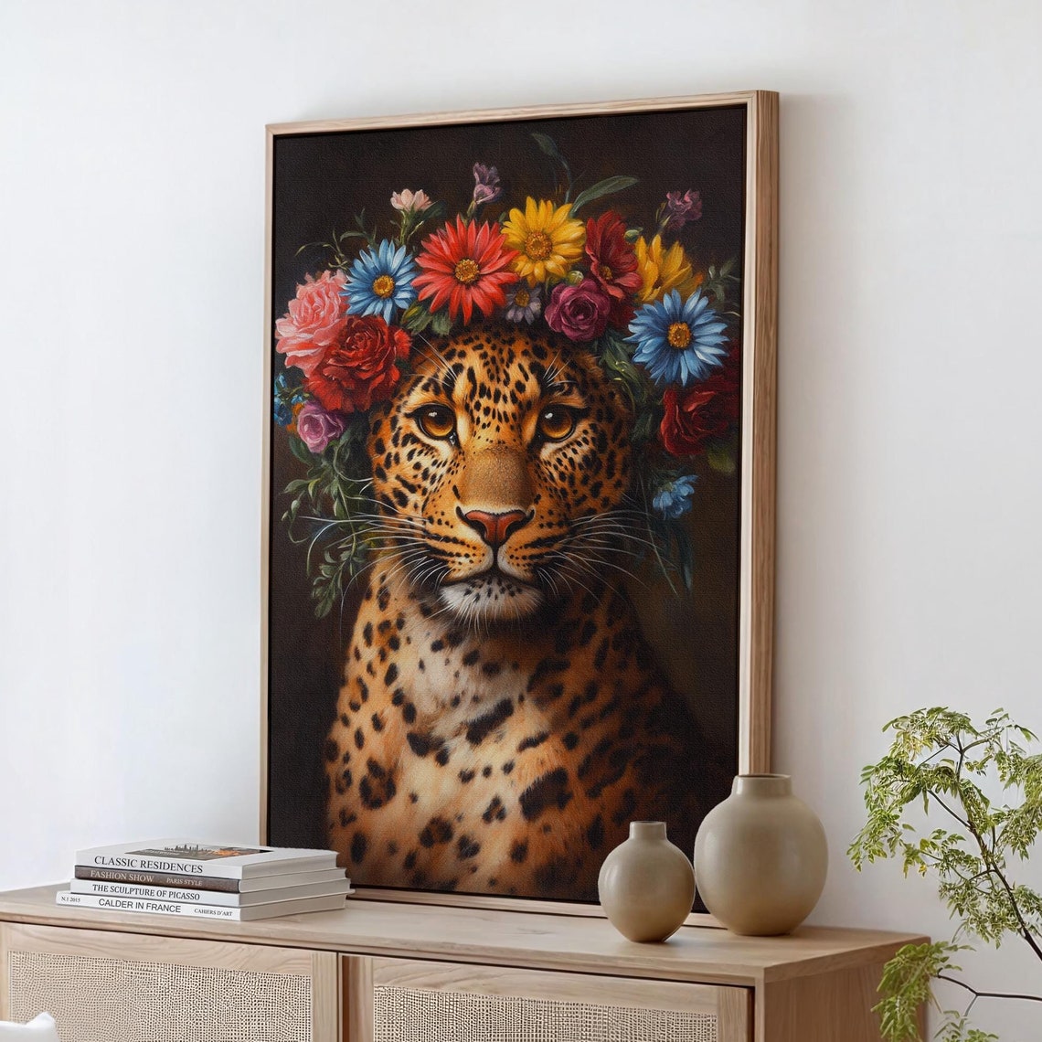 Leopard Portrait Wearing Vibrant Flower Crown Dark Floral Poster