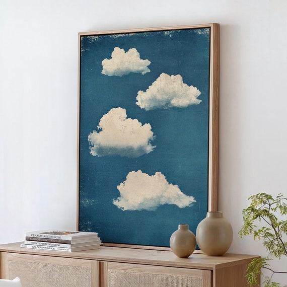 Vintage Cloud Art Rustic Blue Sky And Clouds Wall Decor Serene Retro Aesthetic Artwork For Home Or Office
