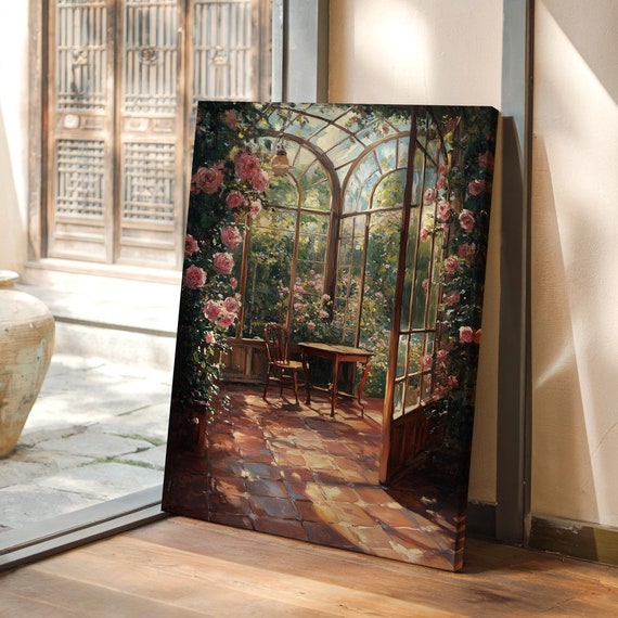 Sunlit Rose Garden Patio Art Print, Vintage Floral