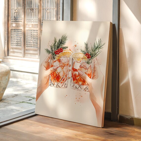 Holiday Cocktail Cheers Poster Festive Watercolor Glasses Orange Pine Berry Decor
