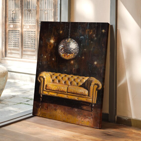 Disco Ball Art Luxe Yellow Chesterfield Sofa Retro Sparkle Glamorous Textured Artwork For Modern Living Room Decor