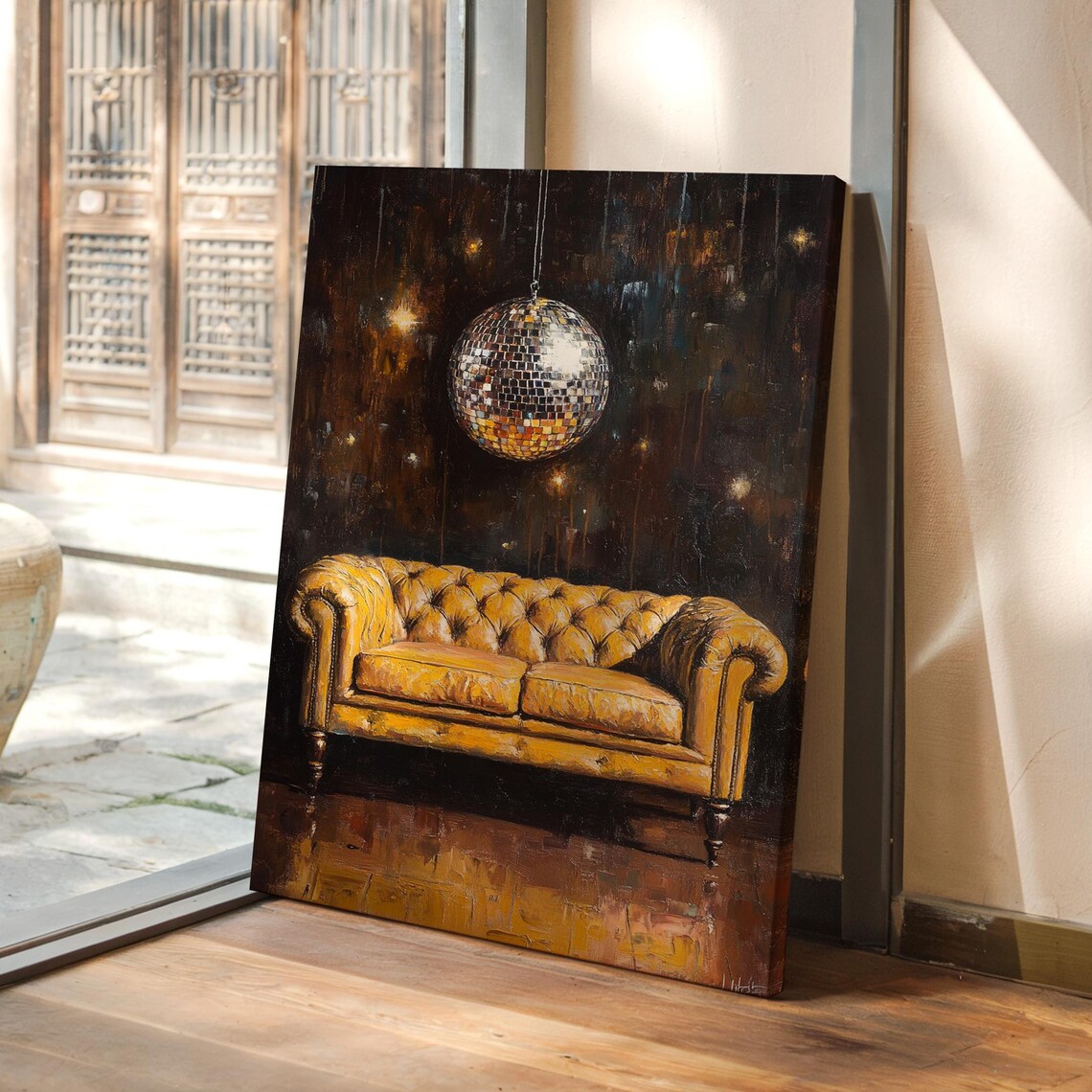 Yellow Chesterfield Sofa Disco Ball Dark Sparkle Retro Poster