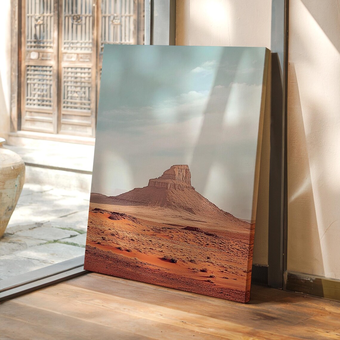 Red Desert Butte Landscape Print with Blue Sky and Sandstone