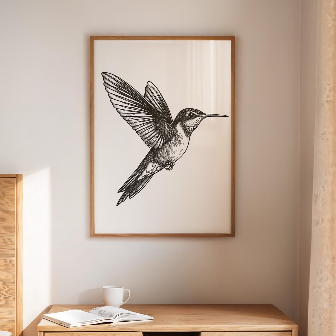 Hummingbird Line Art Engraving Style Black White Bird Poster